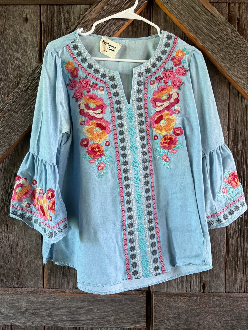 Light Blue Embroidered Peasant Top